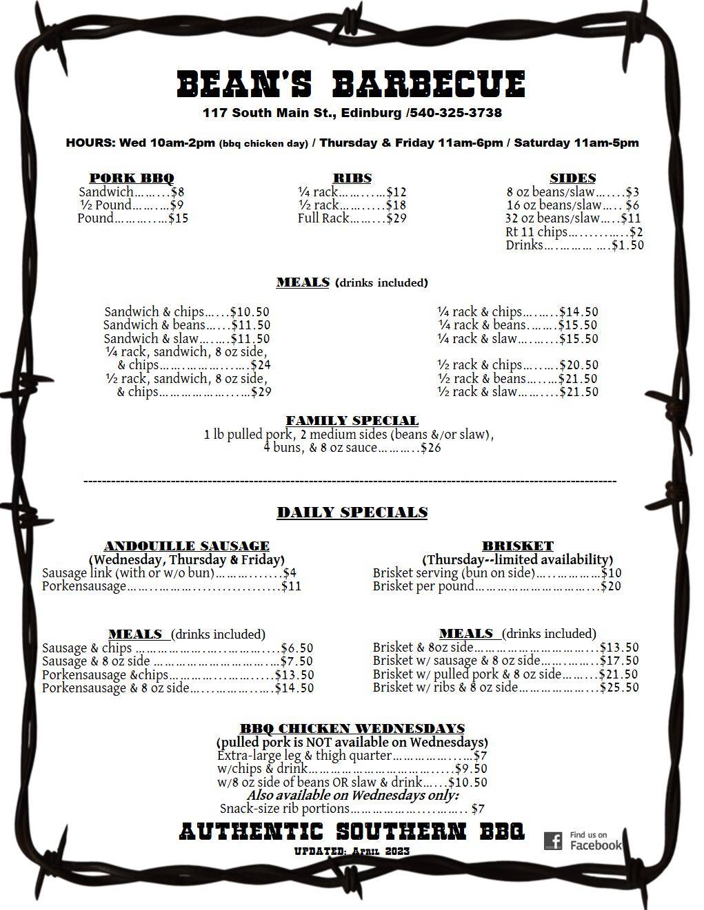 Menu at Bean's Barbeque, Edinburg