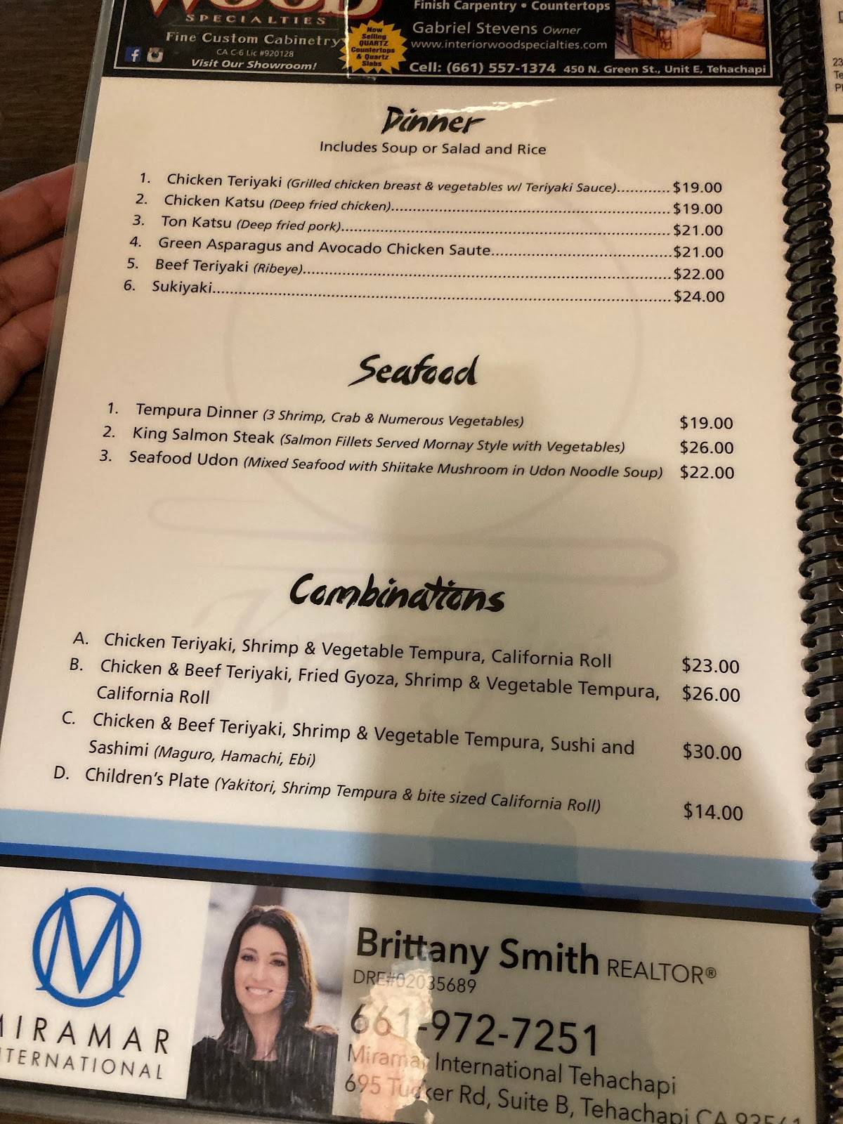 Menu at Kasagiri Restaurant, Tehachapi