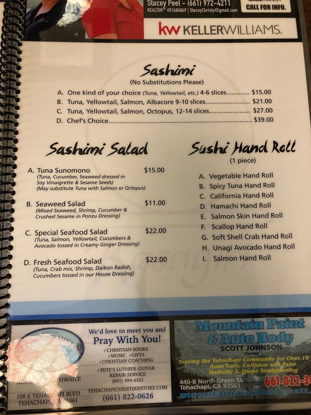 Menu at Kasagiri Restaurant, Tehachapi