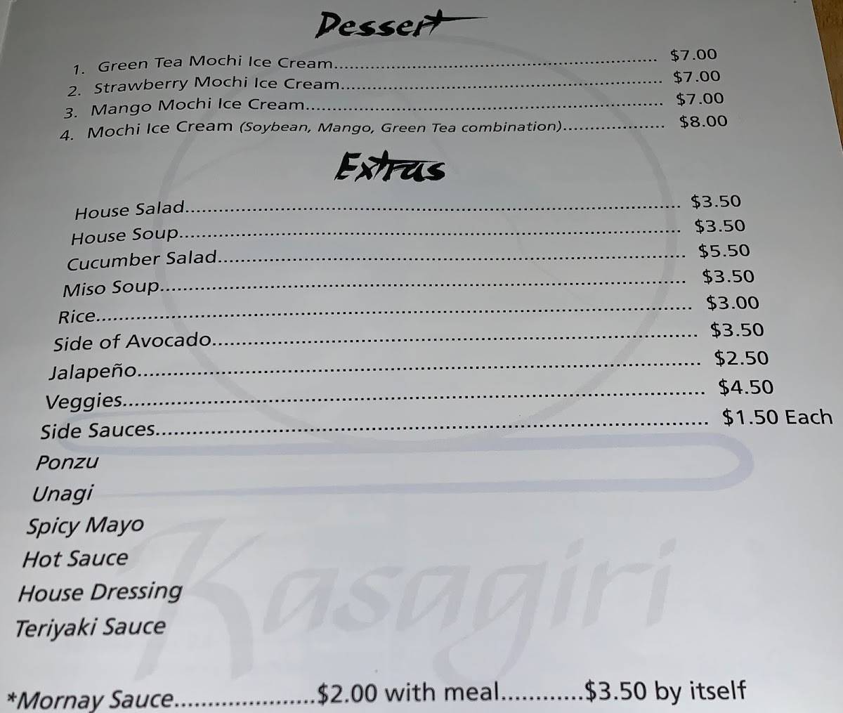 Menu at Kasagiri Restaurant, Tehachapi