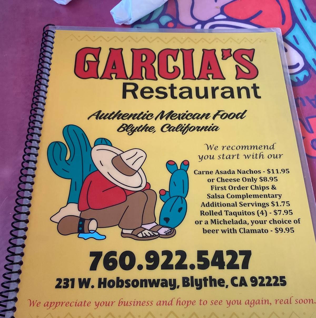 Menu at Garcia's Restaurant, Blythe, 231 E Hobsonway