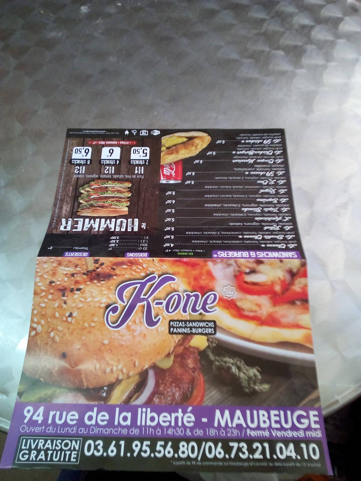 Menu au KOne pizzeria, Maubeuge