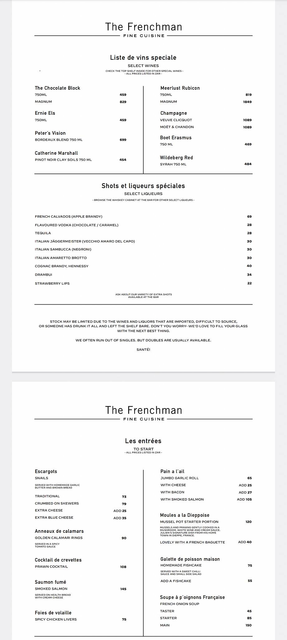 Menu at The Frenchman restaurant, Scottburgh