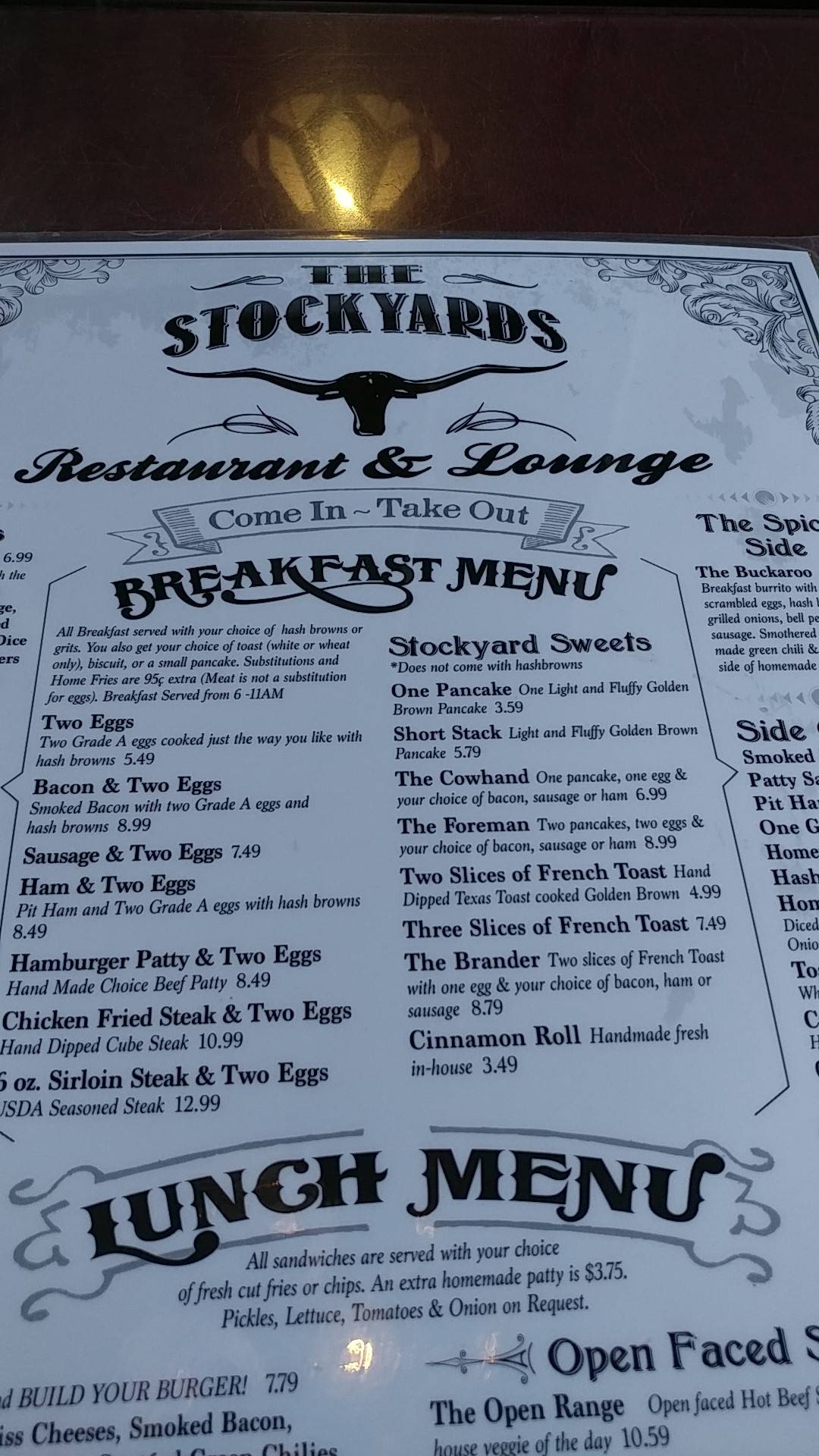 Menu at The Stockyards cafe, Delta