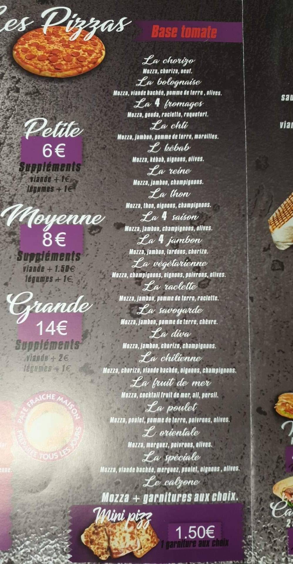 Menu au KOne pizzeria, Maubeuge