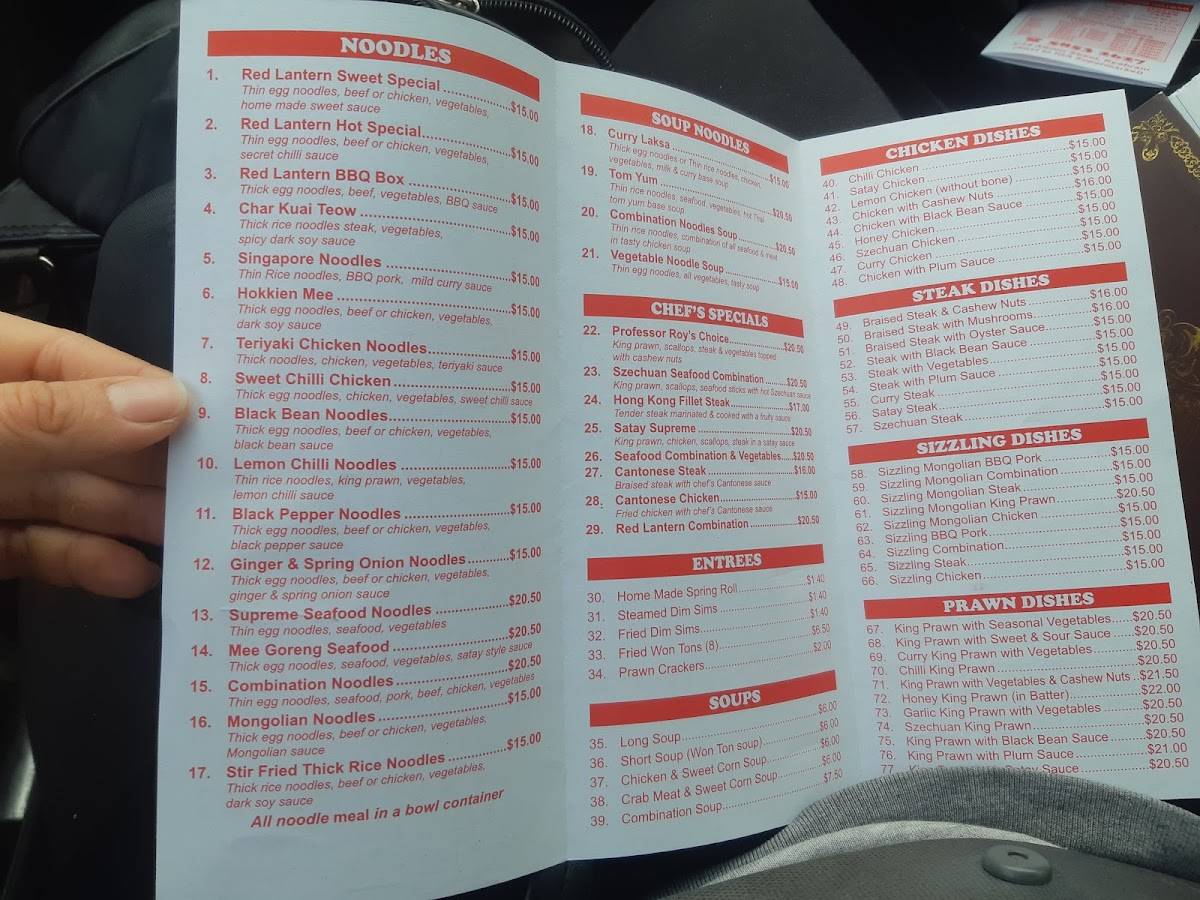 Menu at Red Lantern restaurant, Kyabram