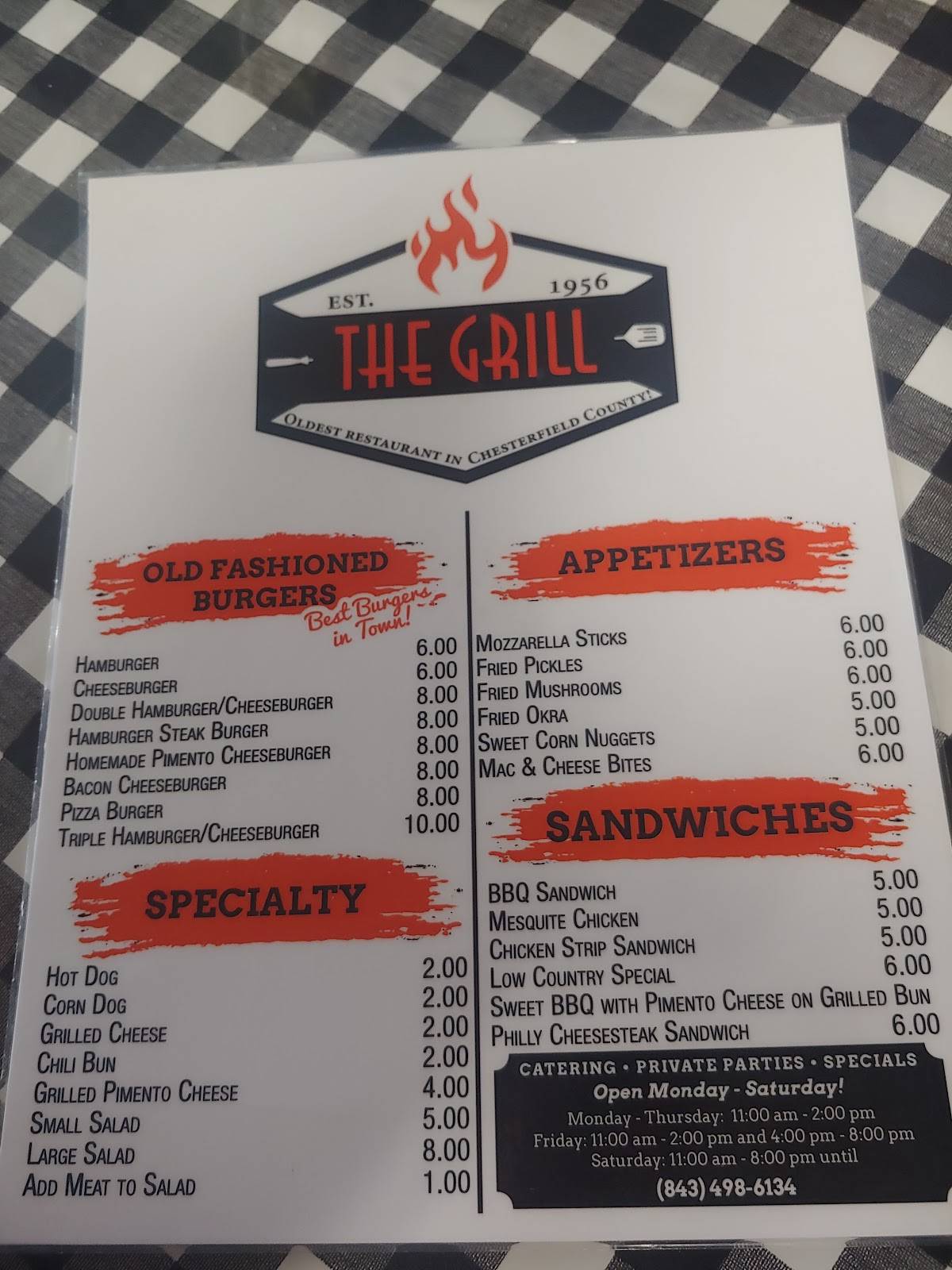 Menu at Bill's Grill restaurant, Patrick