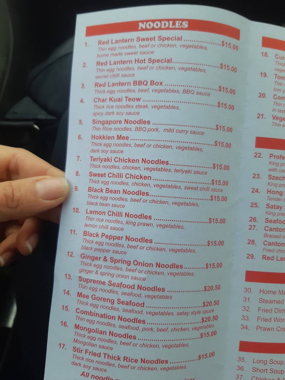 Menu at Red Lantern restaurant, Kyabram