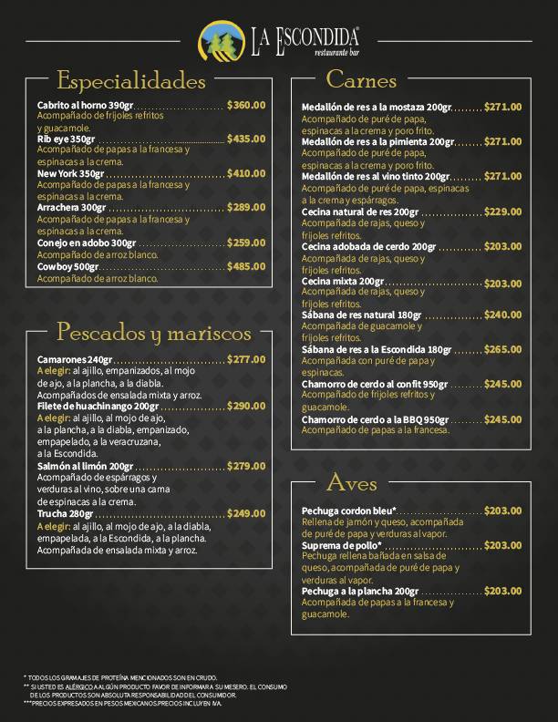 Carta de Restaurante La Escondida, Ocoyoacac, Carretera México-Toluca