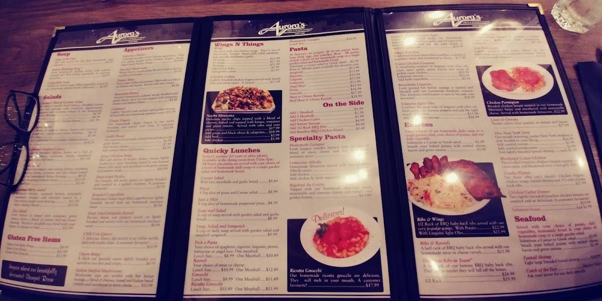 Menu at Aurora's Westside pizzeria, Sault Ste. Marie