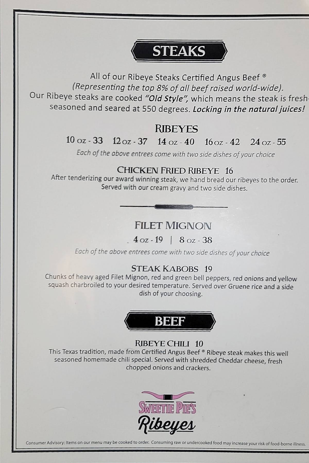 Menu at Sweetie Pie's Ribeyes steakhouse, North Richland Hills