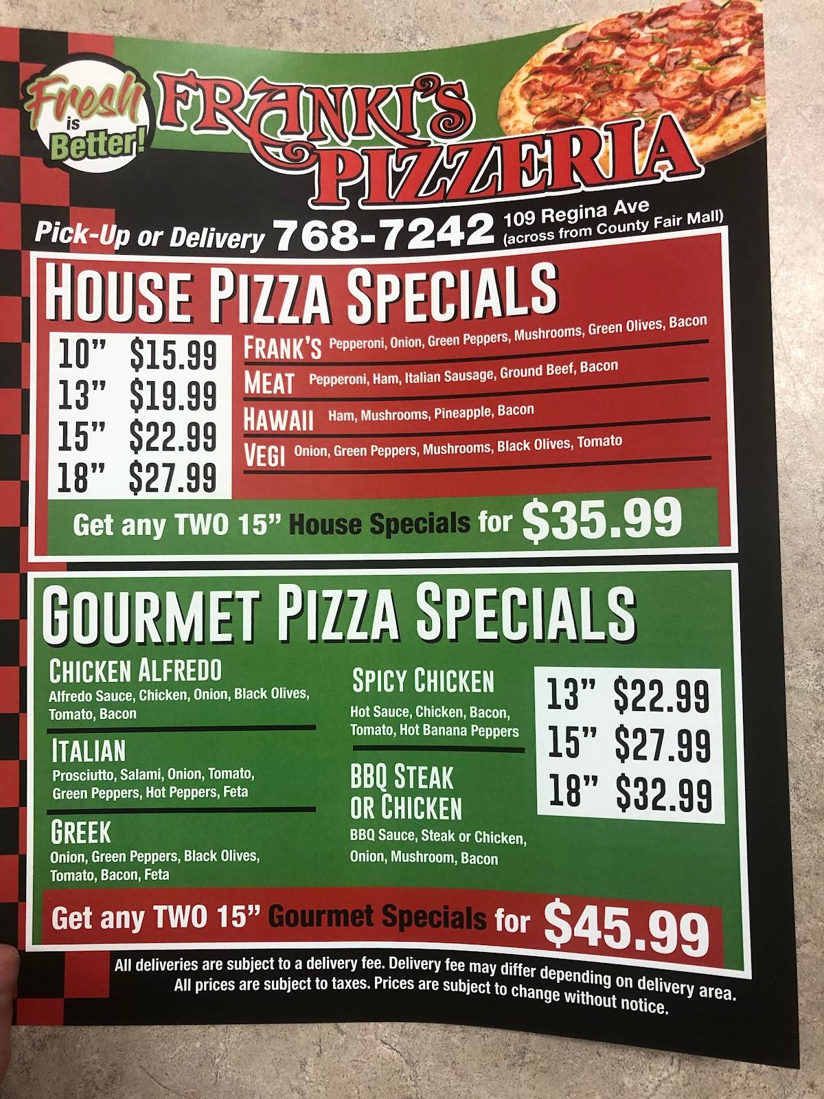 Menu at Franki's Pizzeria, Thunder Bay, 109 Regina Ave