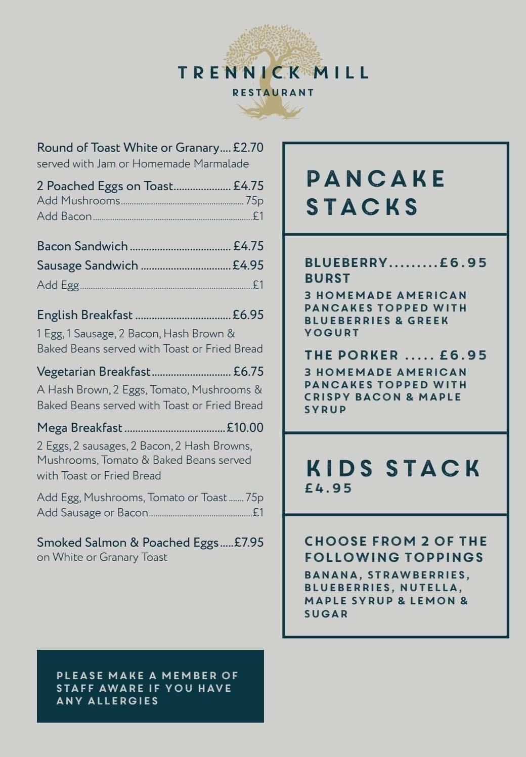 Menu at Trennick Mill restaurant, Truro