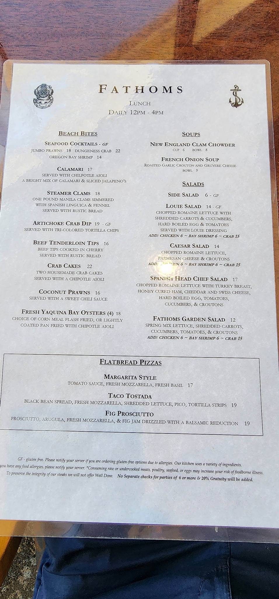 Menu at Fathoms Penthouse Restaurant & Bar, Lincoln City, SE Hwy 101