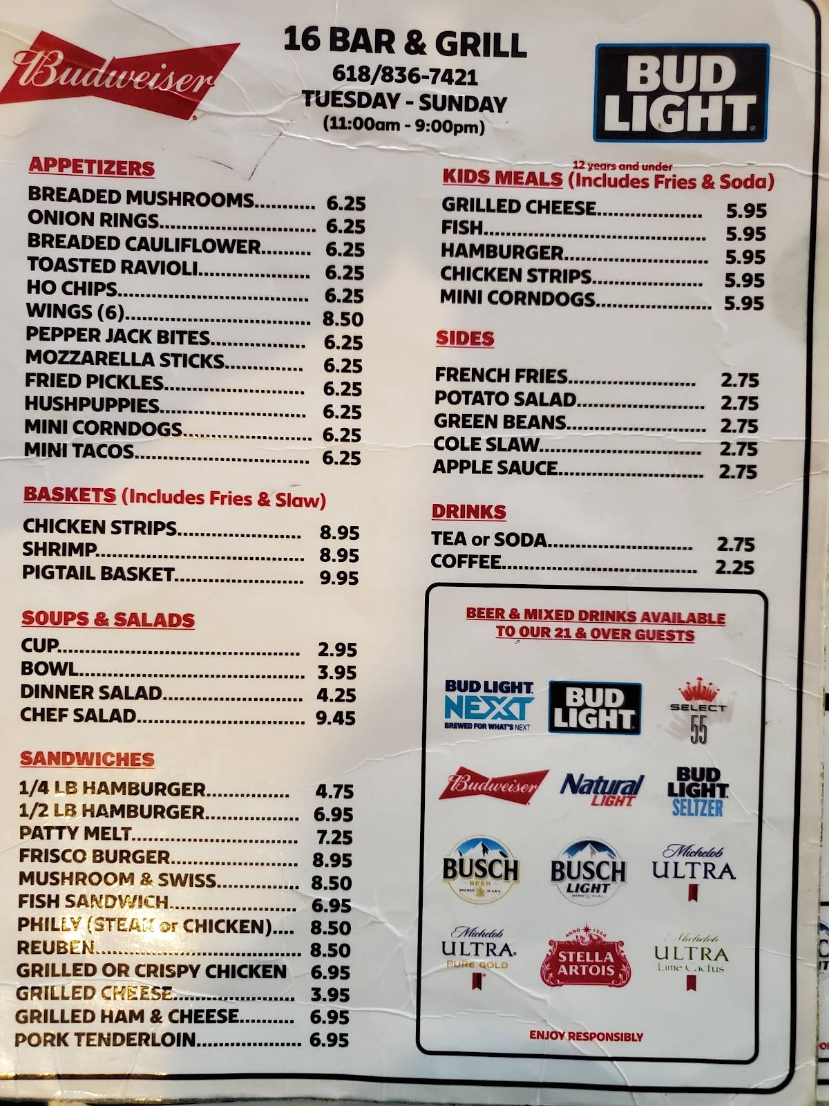 Menu at 16 Bar & Grill, Shipman