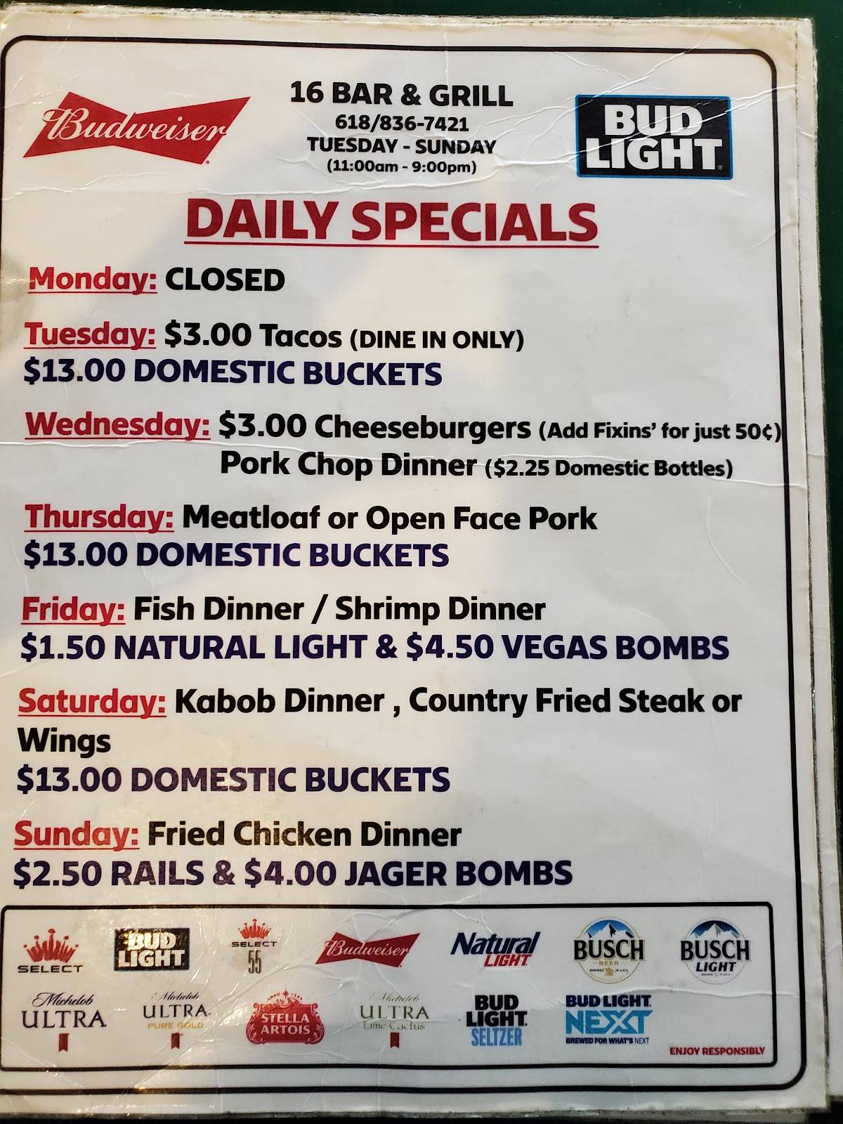 Menu at 16 Bar & Grill, Shipman