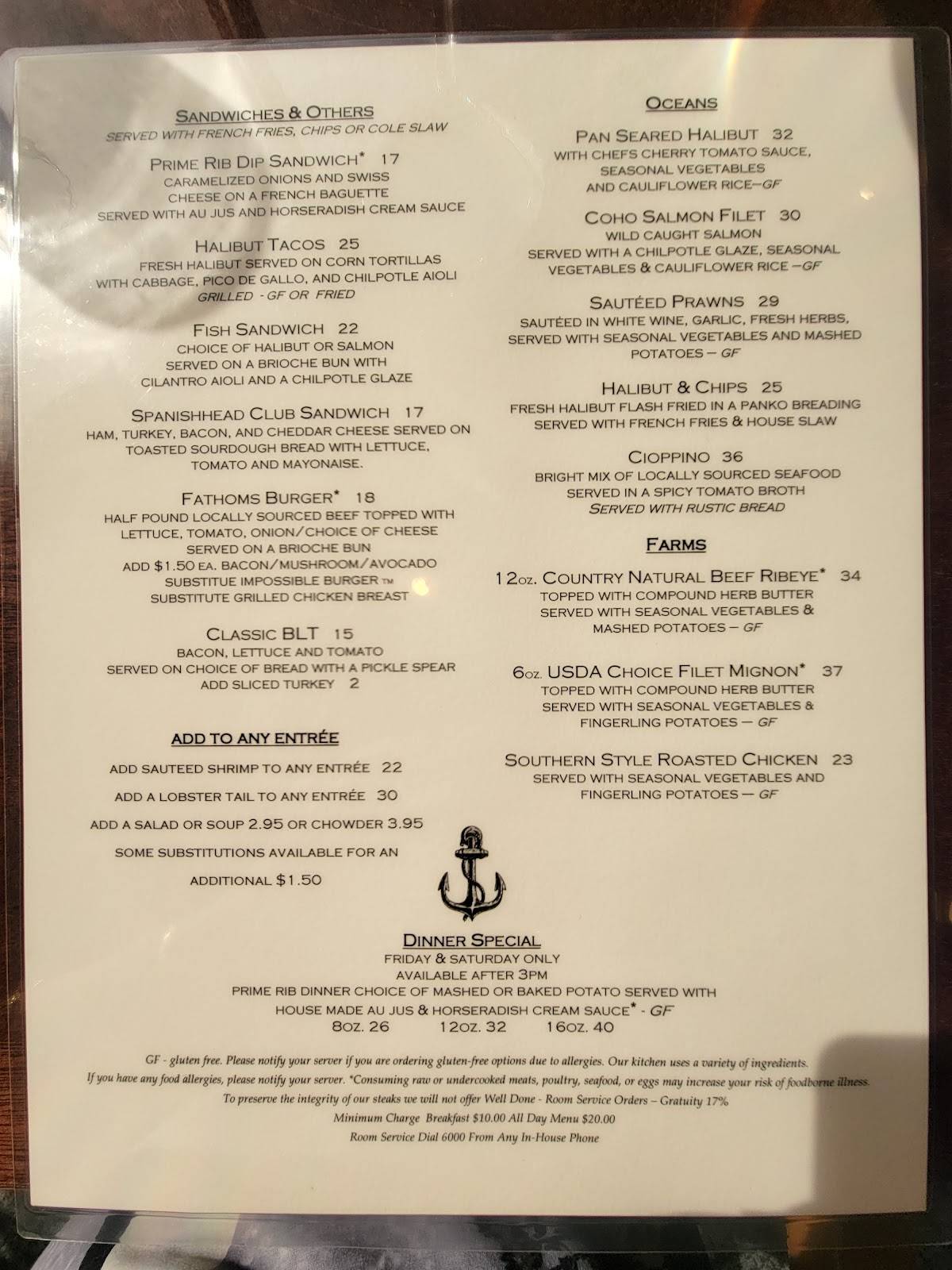 Menu at Fathoms Penthouse Restaurant & Bar, Lincoln City, SE Hwy 101