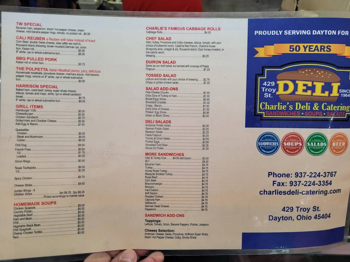 Menu at Charlie's Deli & Catering restaurant, Dayton