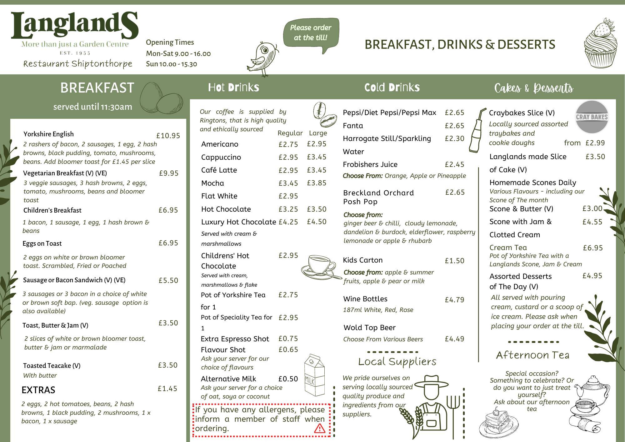 Menu at Langlands Garden Centre cafe, Market Weighton