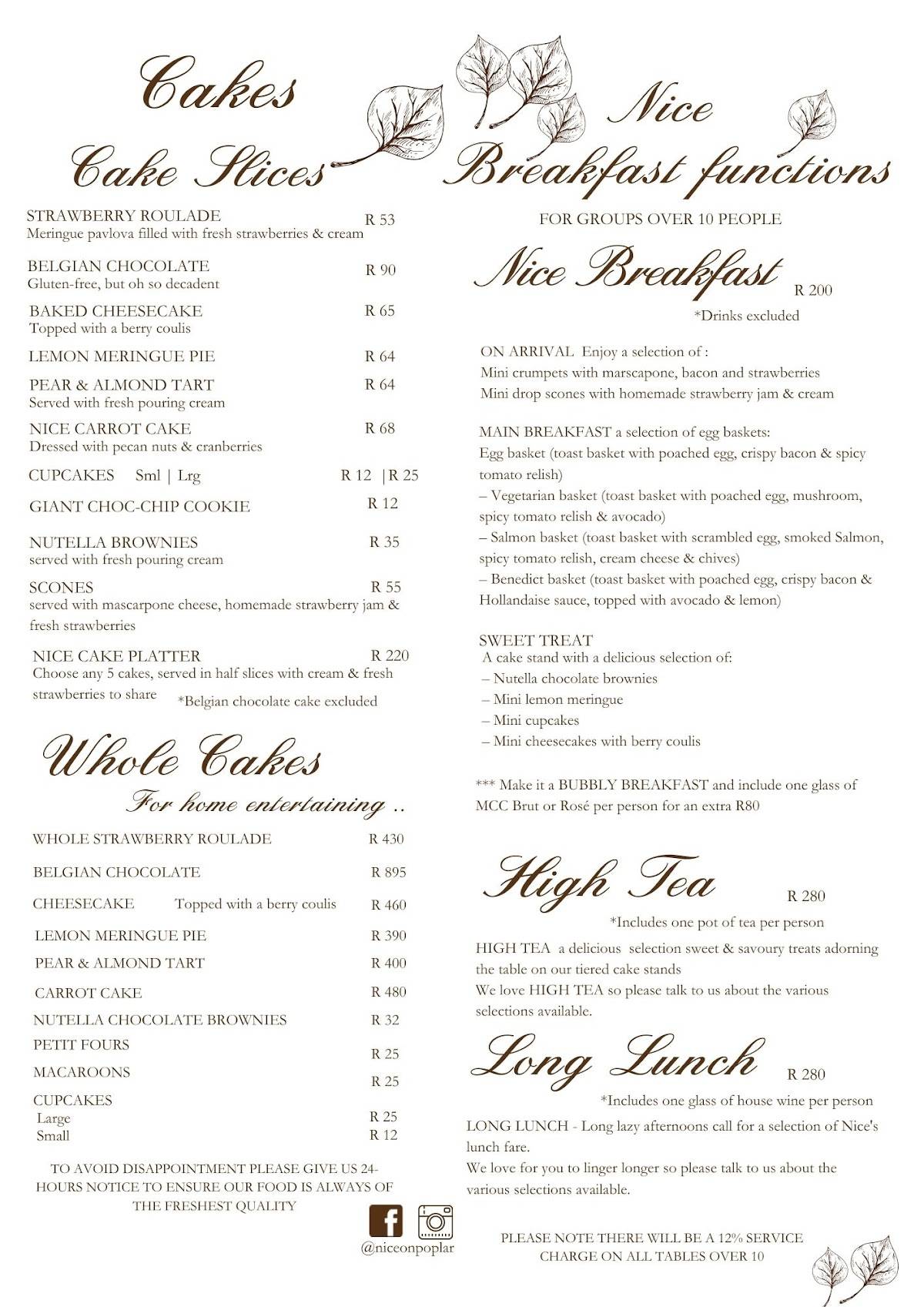 Menu at Nice on Poplar restaurant, Johannesburg