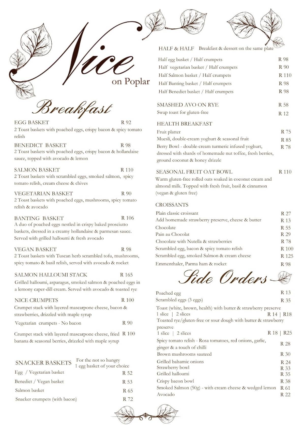 Menu at Nice on Poplar restaurant, Johannesburg