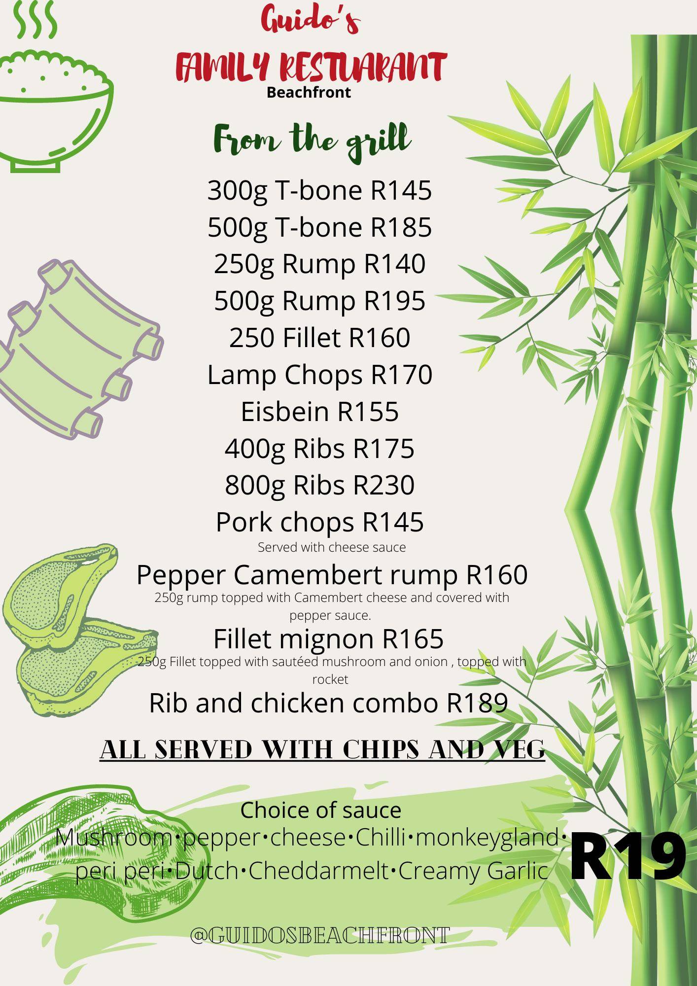 Menu at Guido's Beachfront restaurant, East London