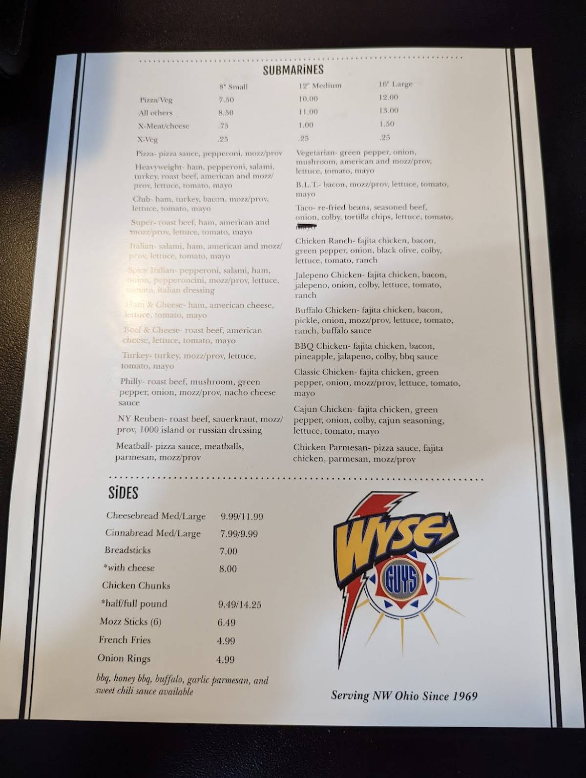 Menu at Wyse Guys Pizzeria, Montpelier