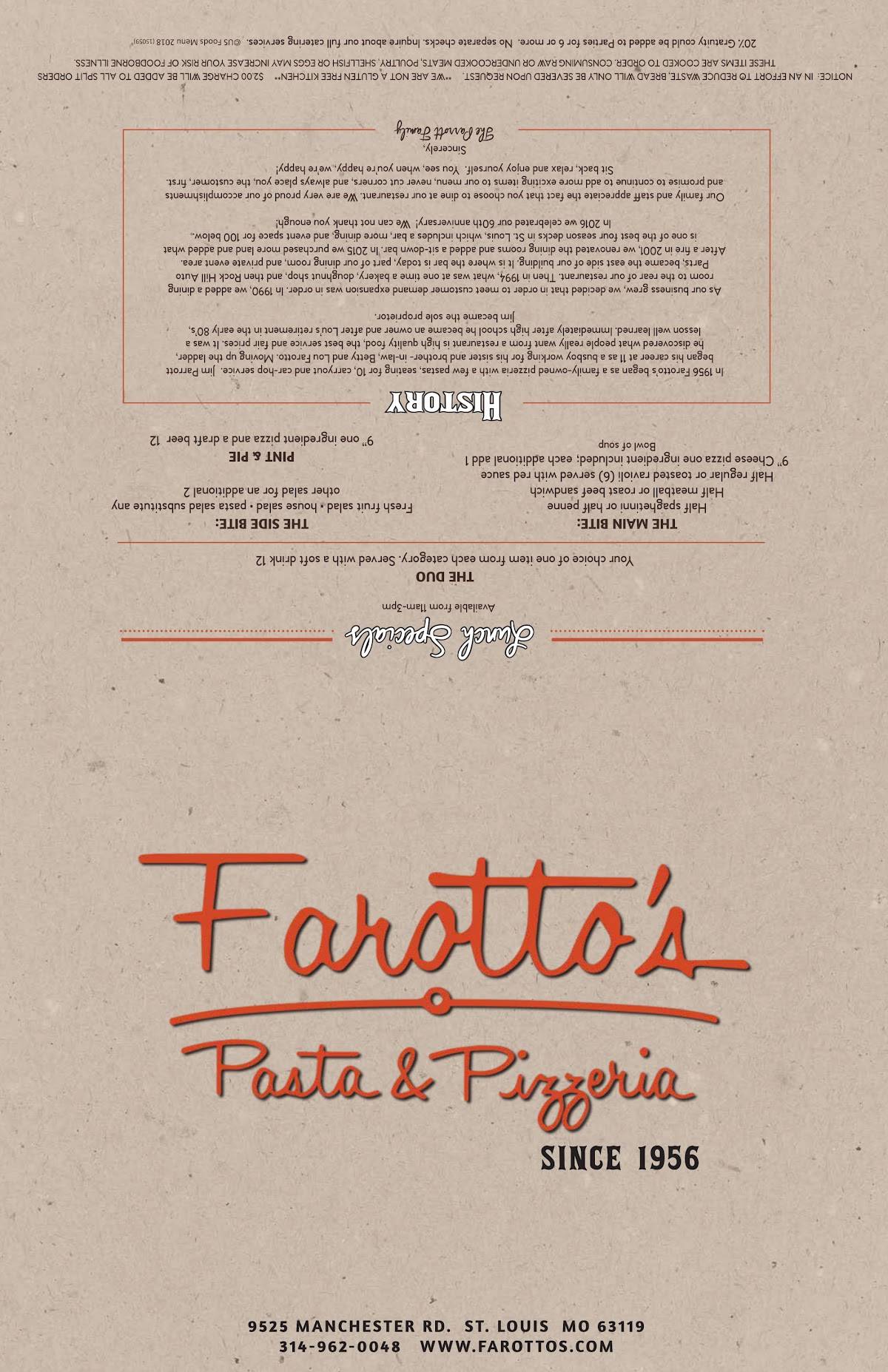 Menu at Farotto's pizzeria, Rock Hill