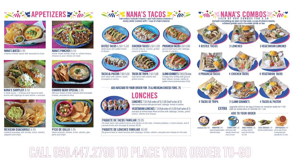Menu at Nana's Taqueria restaurant, Weslaco, S International Blvd