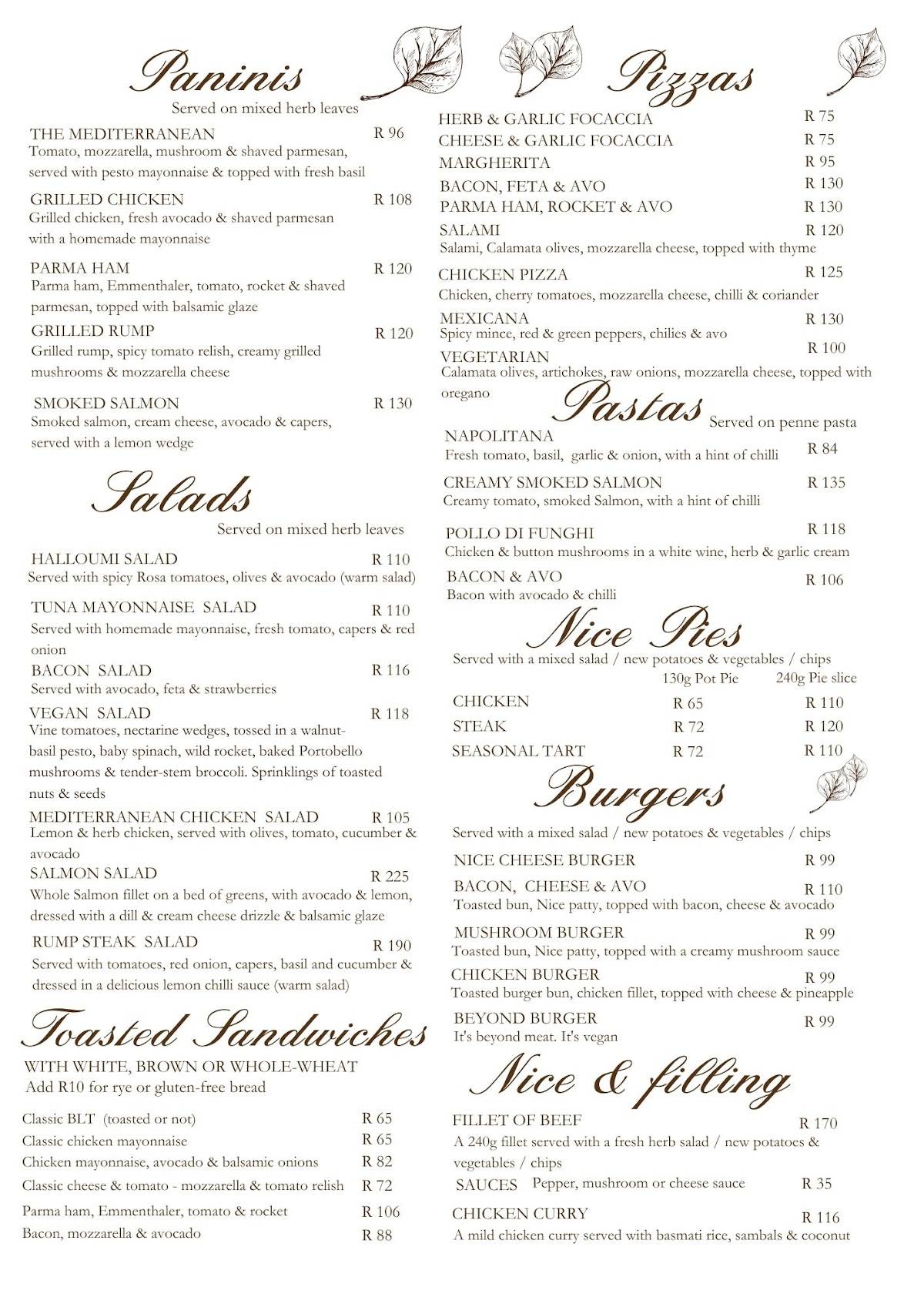 Menu at Nice on Poplar restaurant, Johannesburg