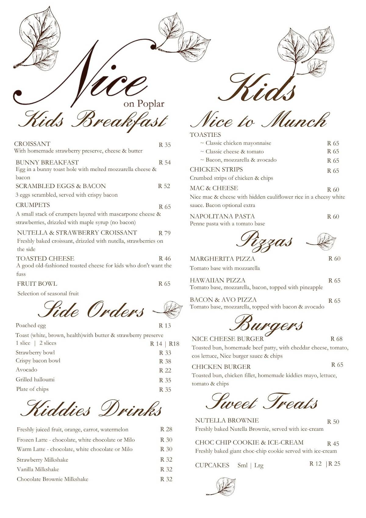 Menu at Nice on Poplar restaurant, Johannesburg