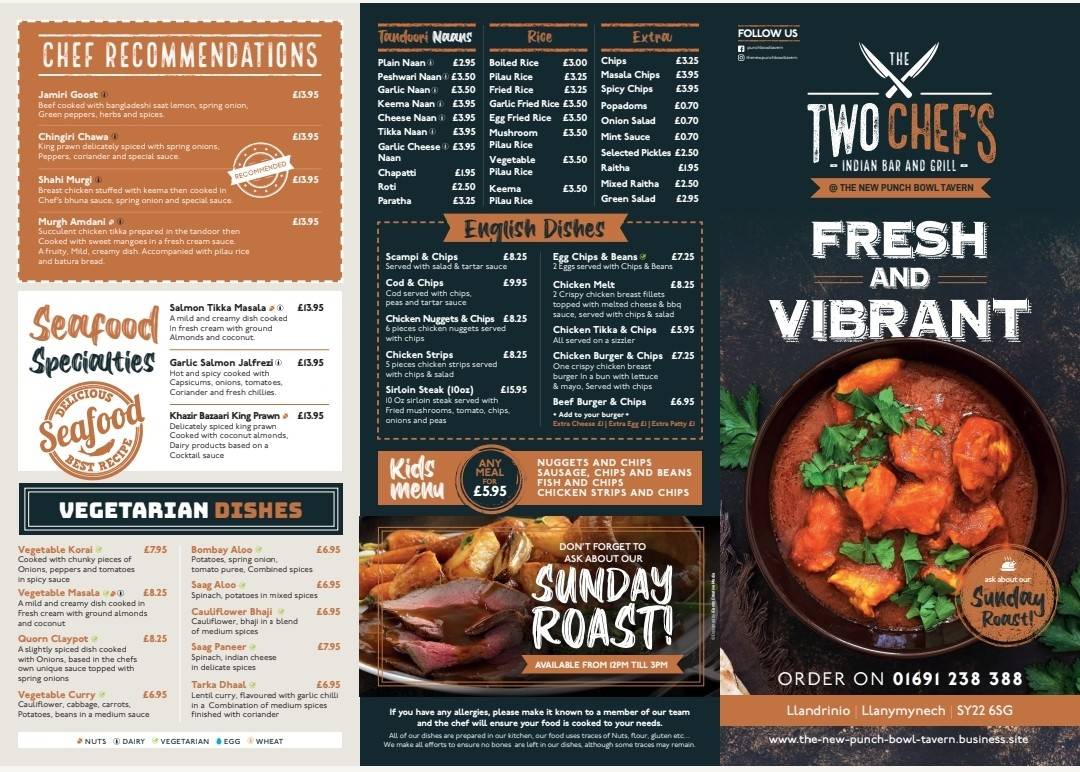 Menu at The Punch Bowl Tavern pub & bar, Llanymynech, Llandrinio