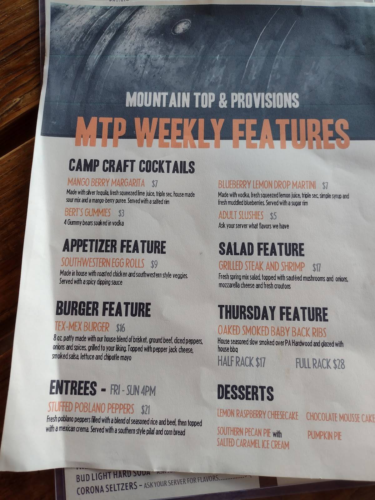 Menu at Mountain Top and Provisions pub & bar, USA, Coudersport Pike