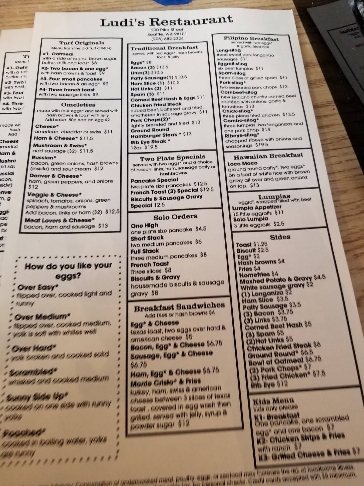Menu at Ludi's restaurant, Seattle