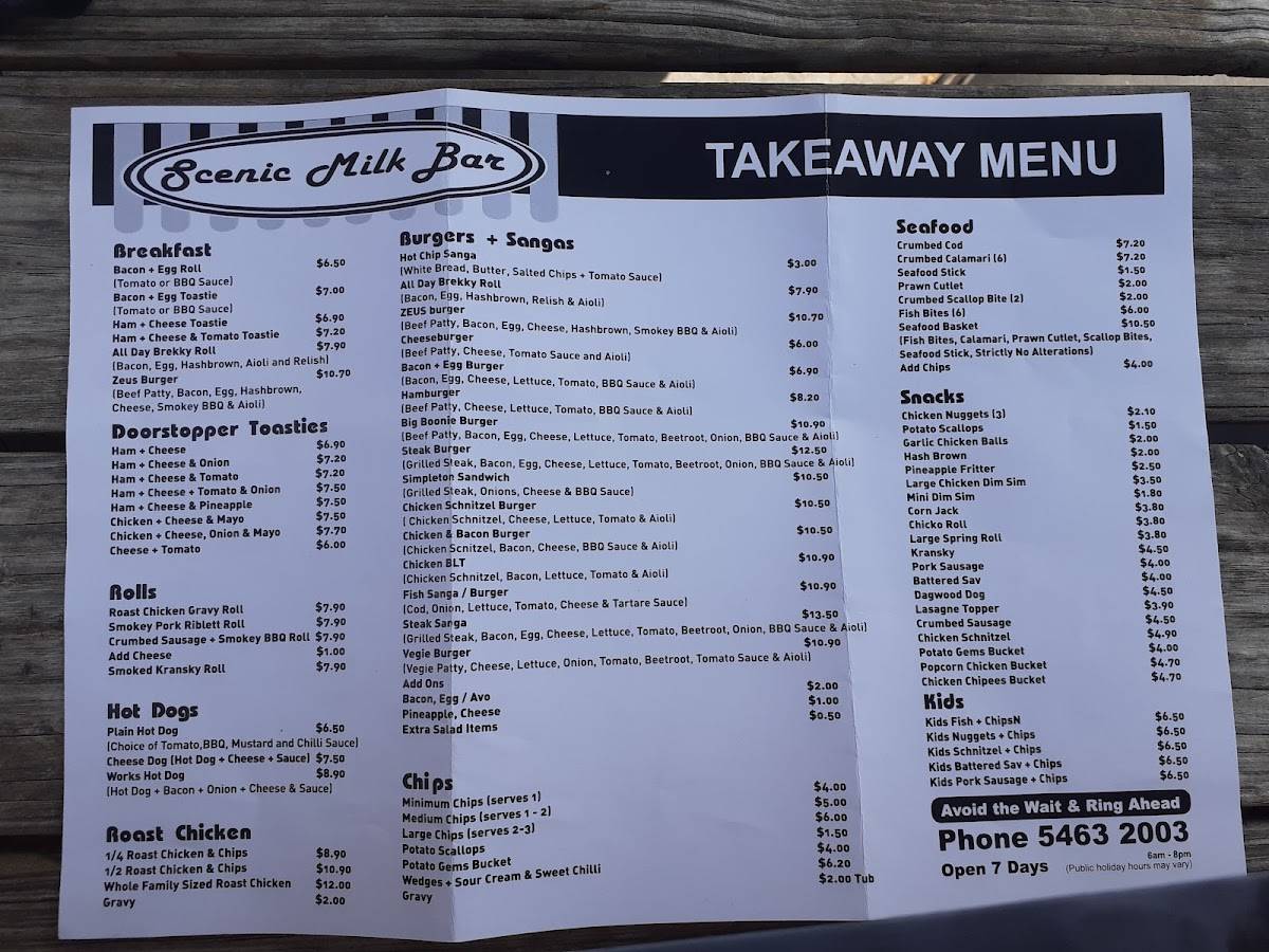 Menu at Scenic Milk Bar, Boonah