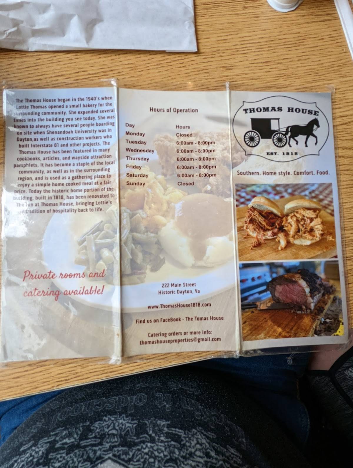 Menu at Thomas House Restaurant, Dayton