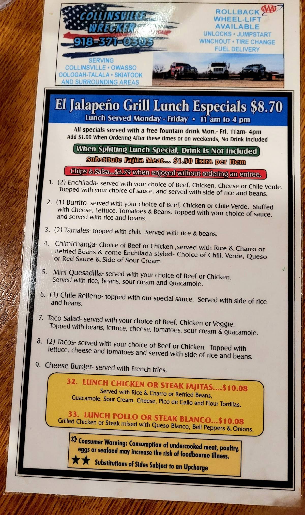 Menu at El Jalapeno Grill restaurant, Collinsville