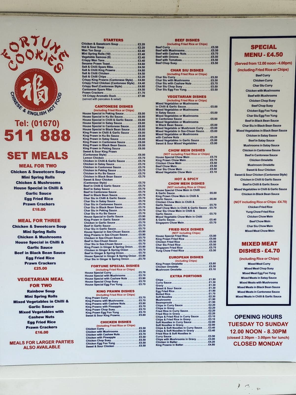 Menu at Fortune Cookies fast food, Morpeth