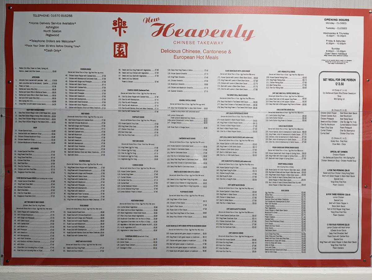 Menu at Heavenly Chinese fast food, Ashington