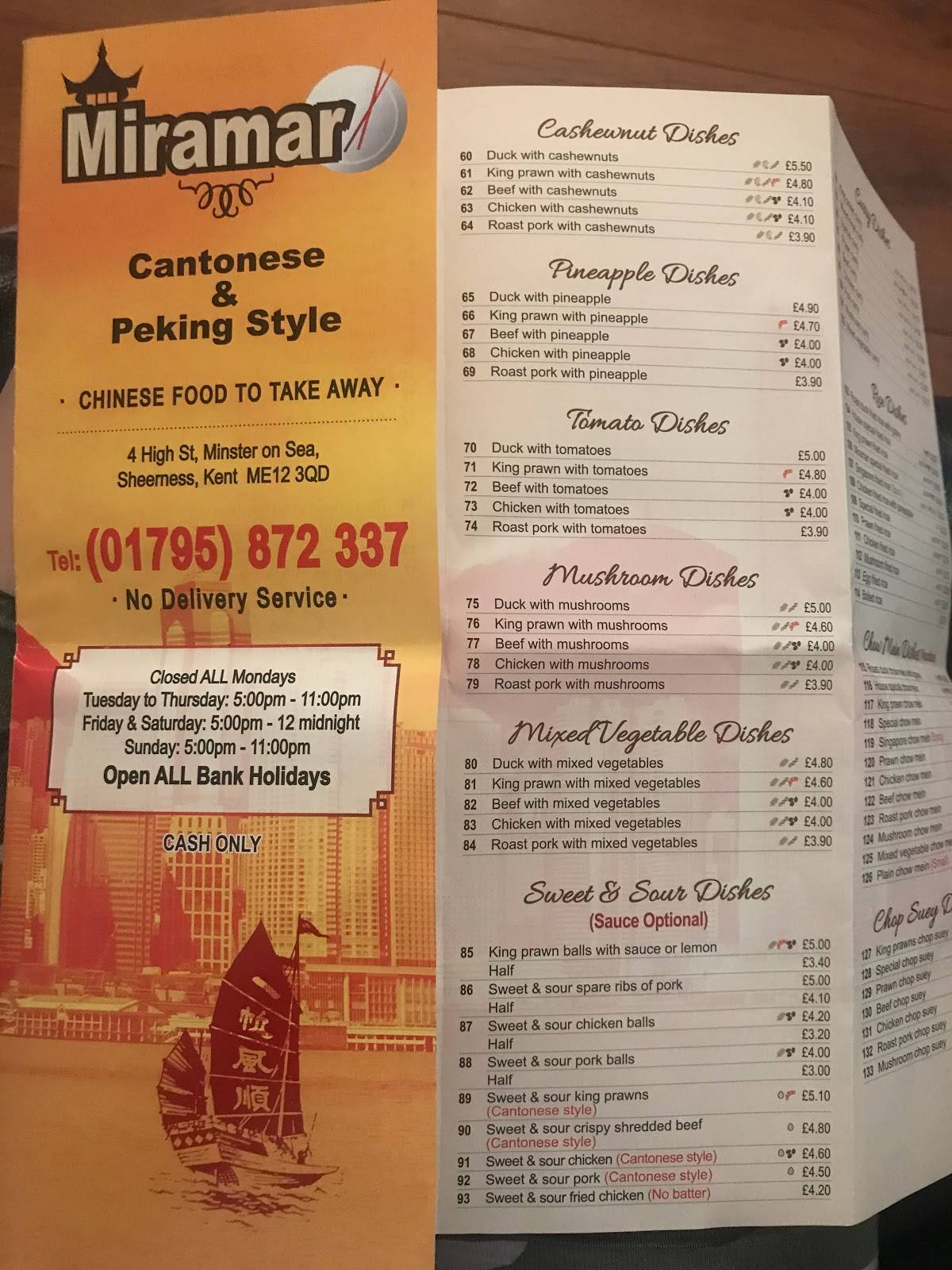 Menu at Miramar Chinese minster restaurant, Sheerness, 4 High St