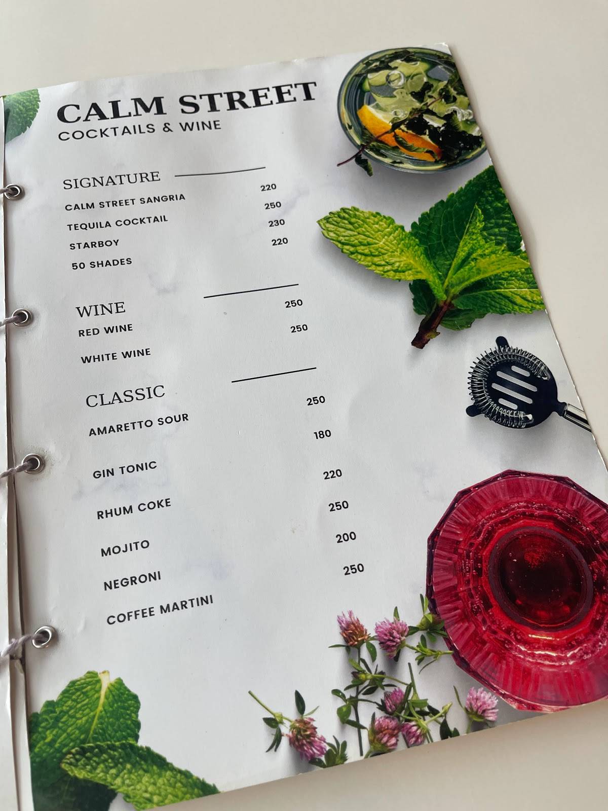 Menu at Calm Street restaurant, Cebu City