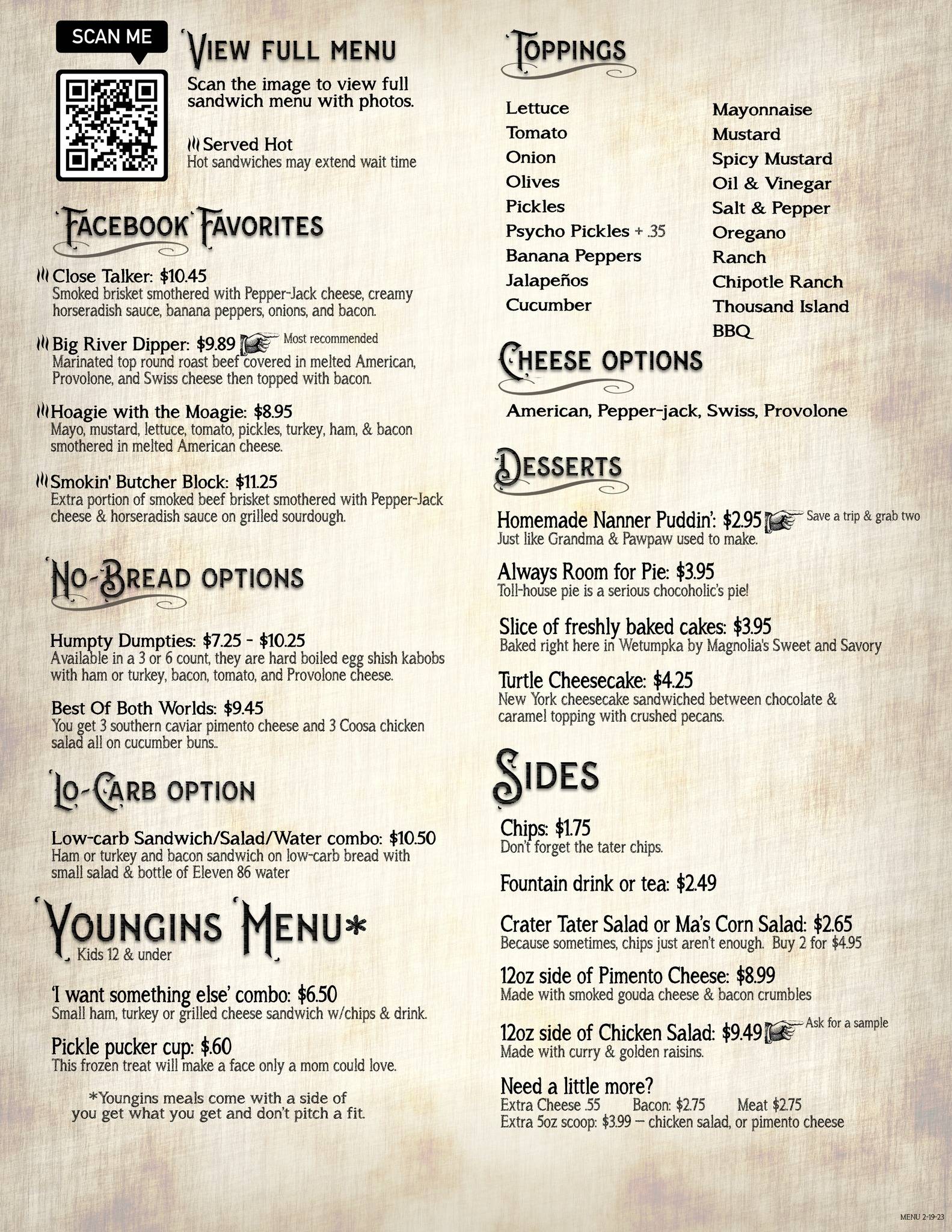 Menu at Copper House Deli restaurant, Wetumpka