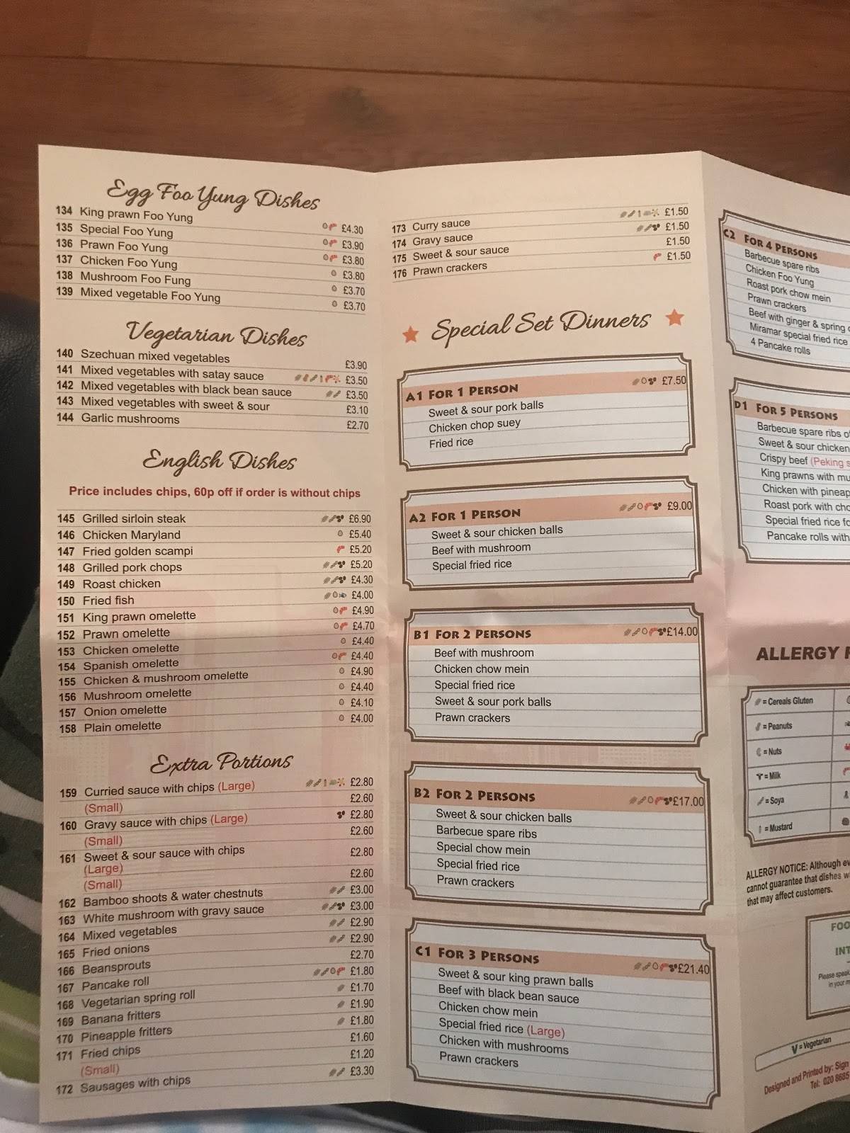 Menu at Miramar Chinese minster restaurant, Sheerness, 4 High St