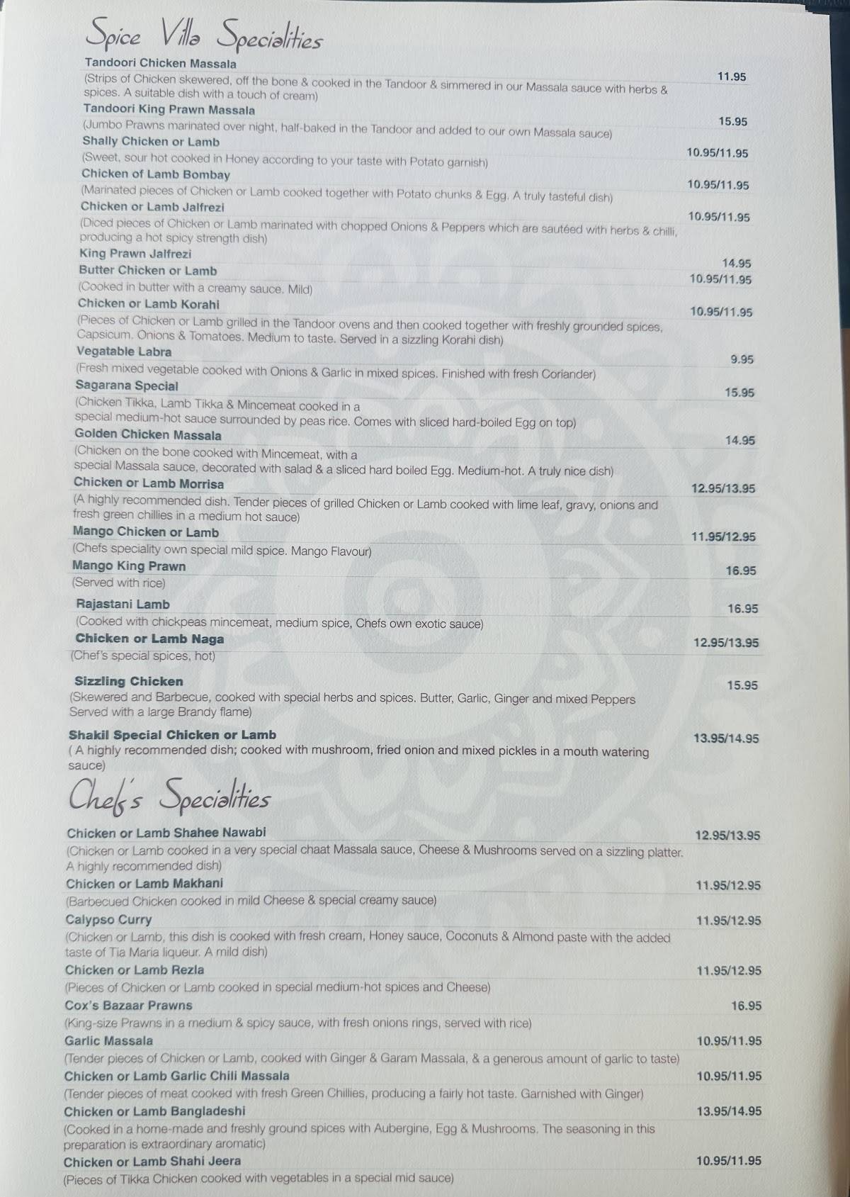 Menu at Spice Villa Indian Restaurant, Chard