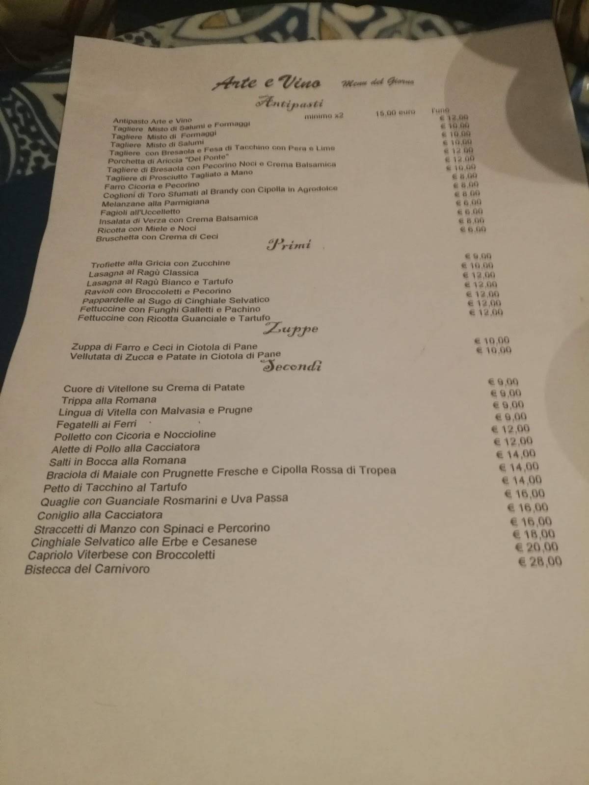 Menu da Arte e Vino ristorante, Castel Gandolfo