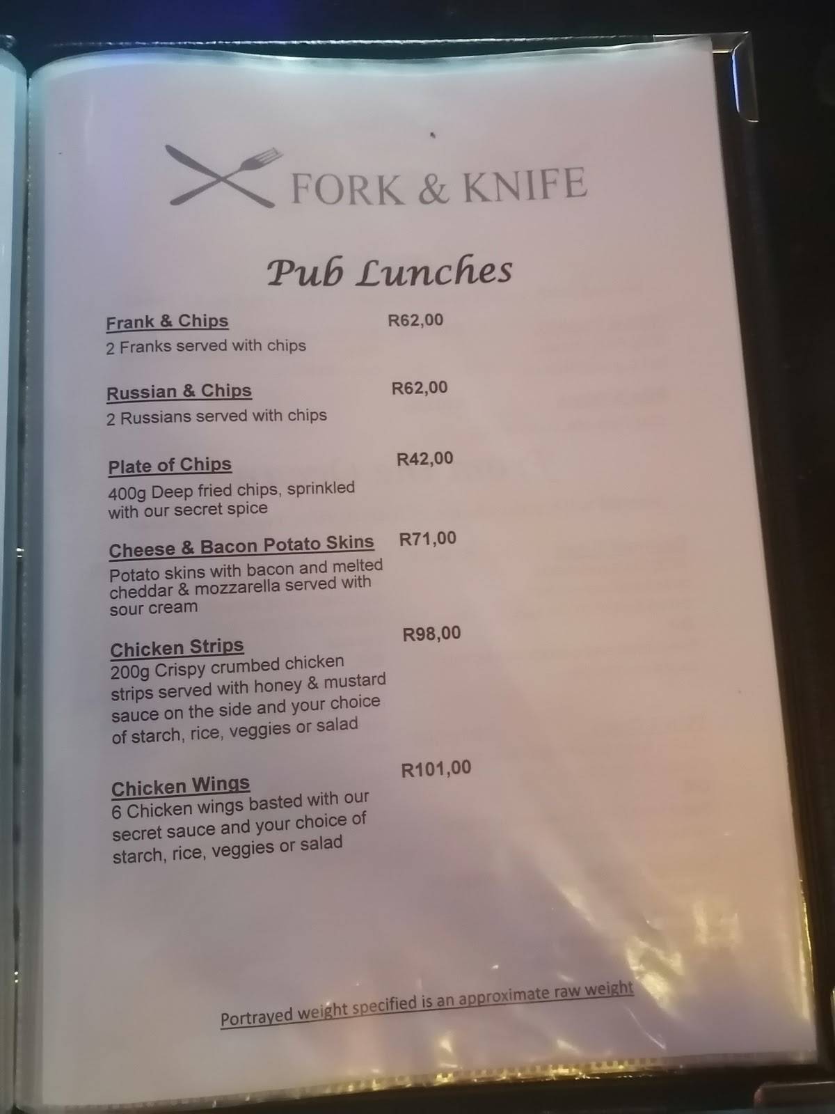 Menu at Fork and Knife Restaurant, Hartbeespoort