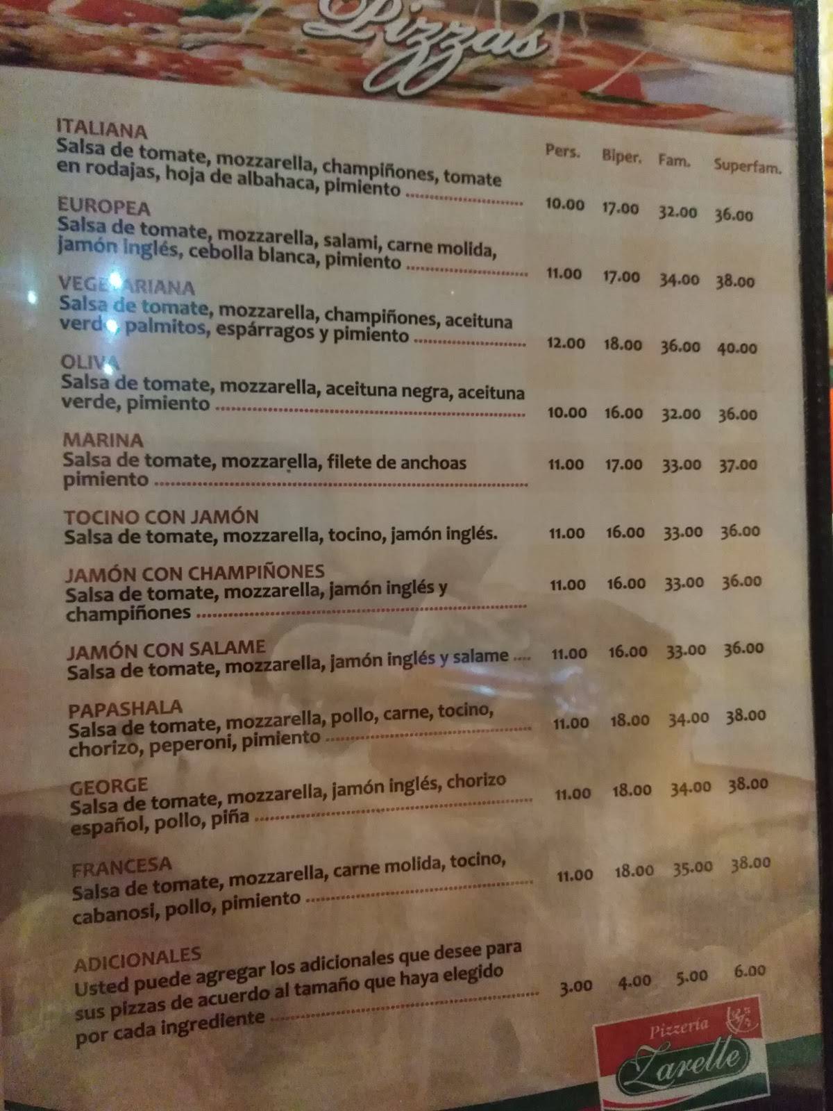 Carta de Pizzeria zarelle san miguel, San Miguel, Costado de tottus