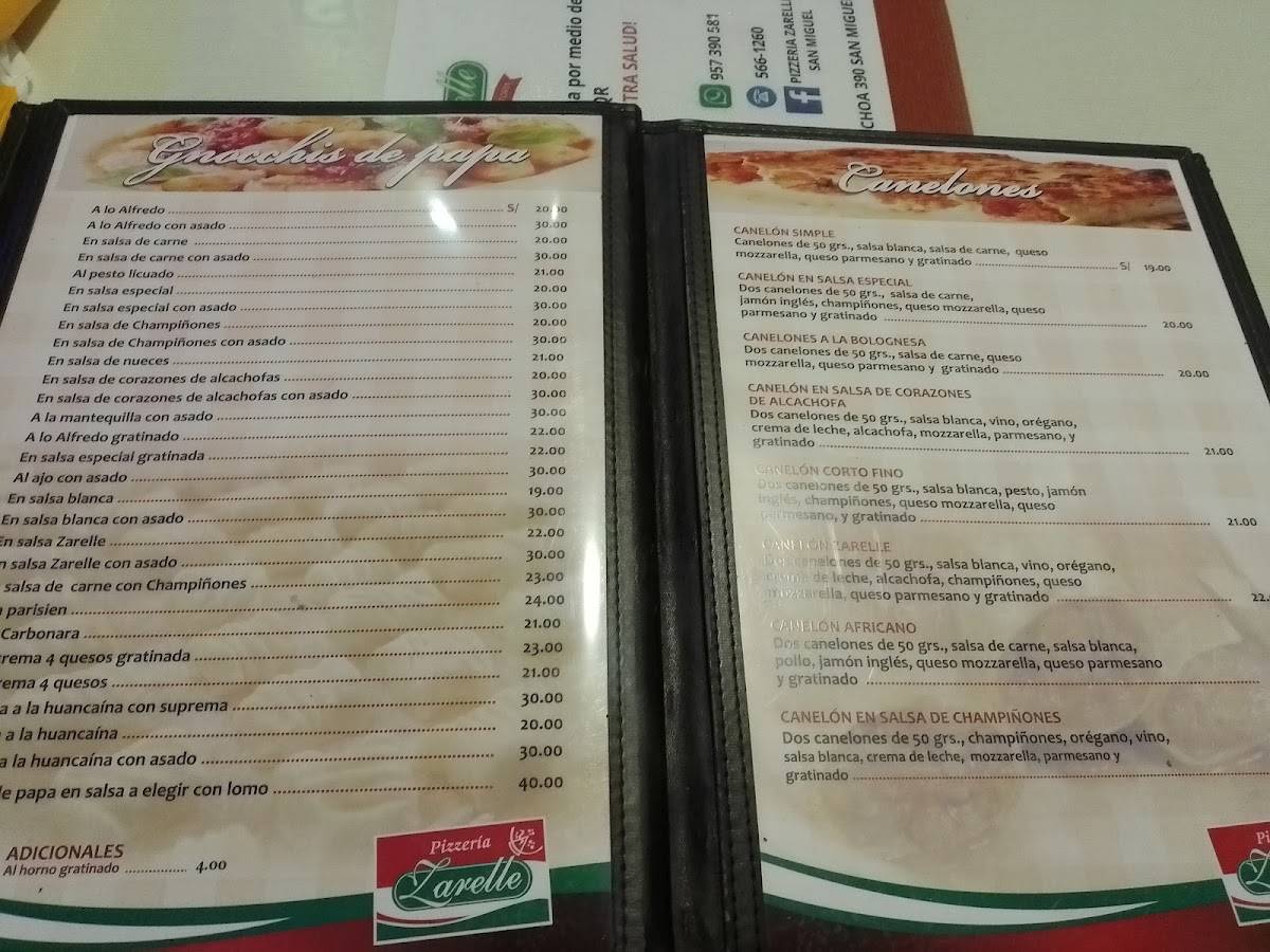 Carta de Pizzeria zarelle san miguel, San Miguel, Costado de tottus