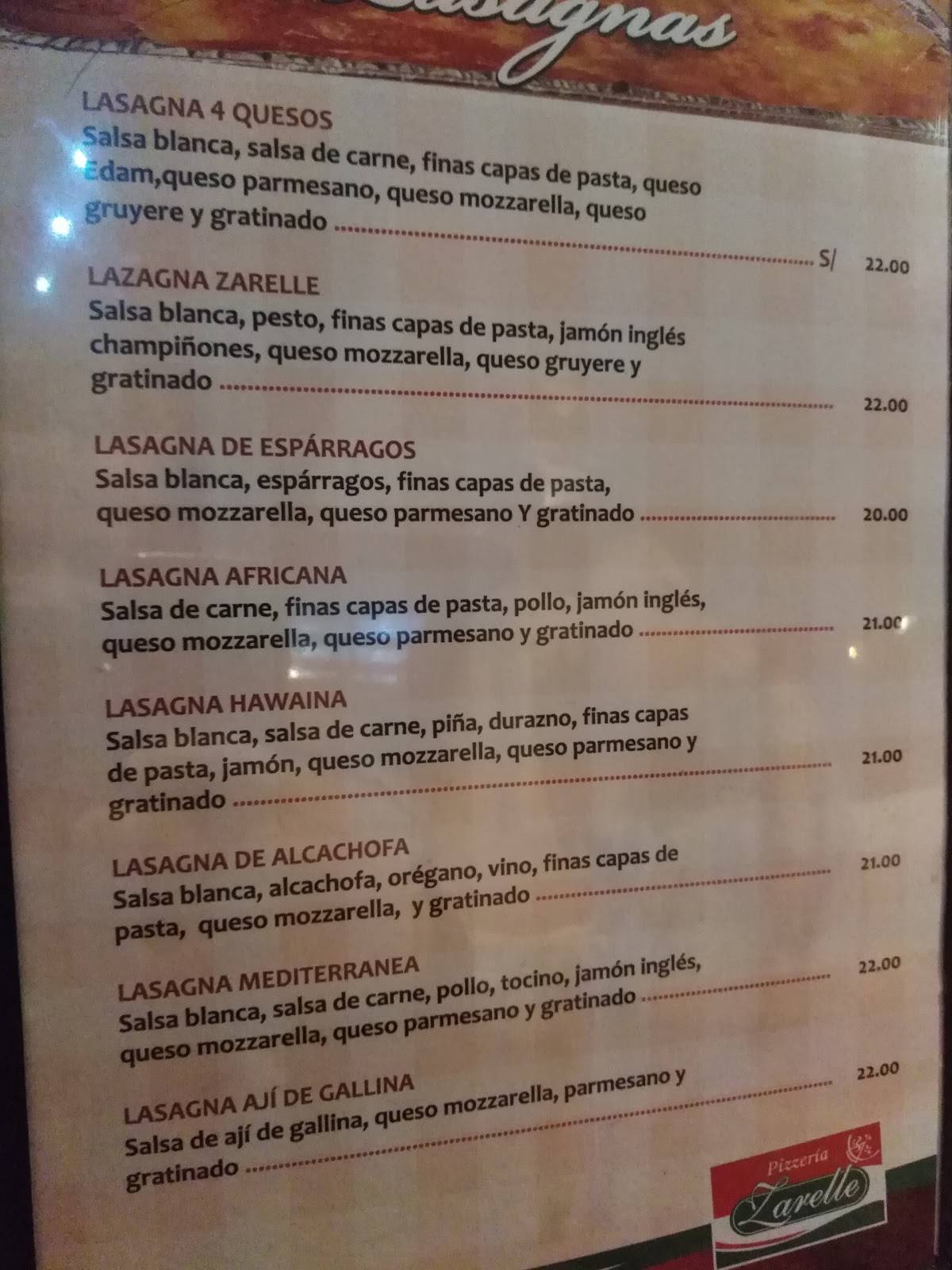 Carta de Pizzeria zarelle san miguel, San Miguel, Costado de tottus