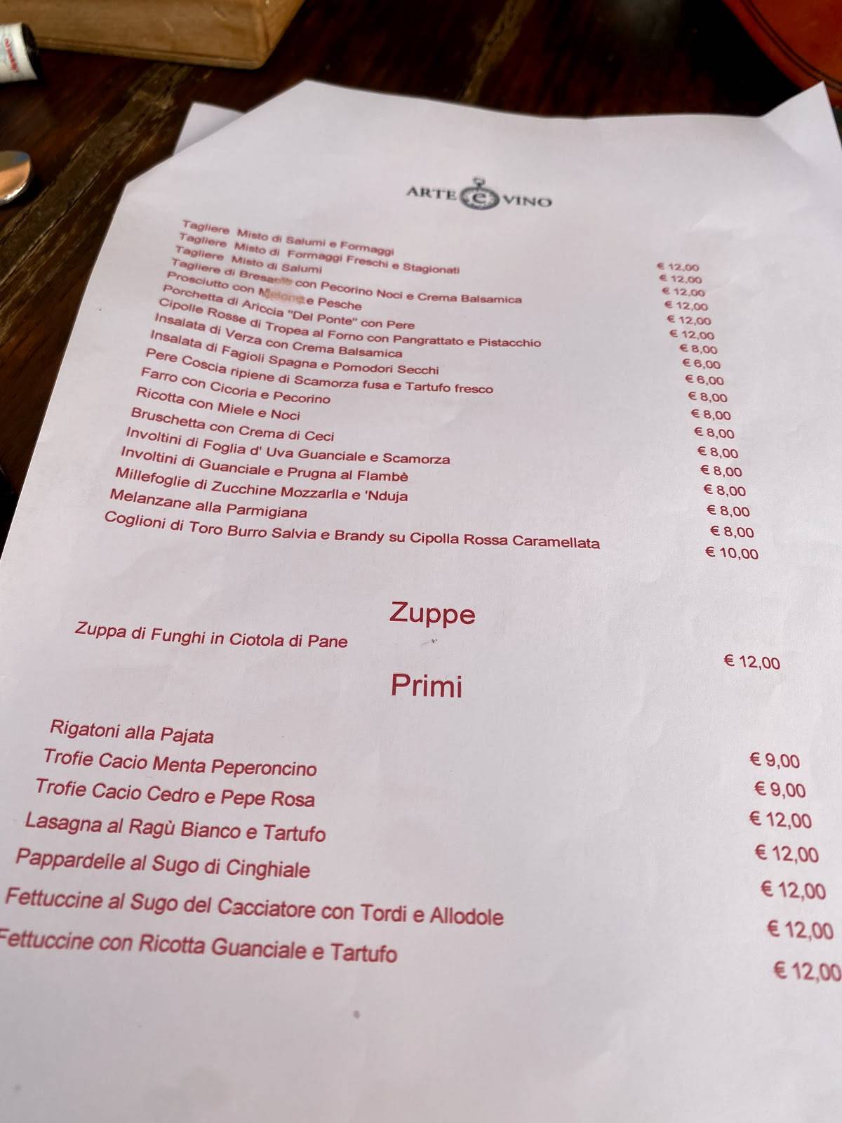 Menu da Arte e Vino ristorante, Castel Gandolfo